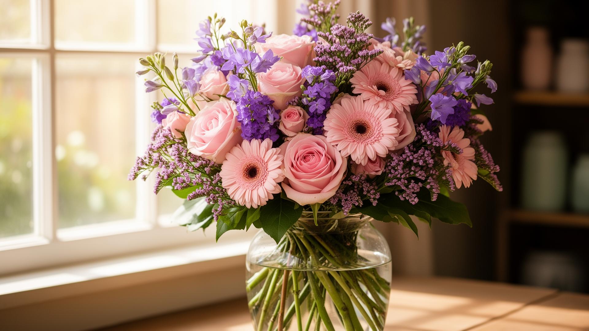 Romantisch boeket met roze rozen, gerbera's en paarse campanula bij het raam